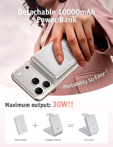 RORRY Auradock iPhone Charging Station 3 in 1 for Apple,10000mAh Power Bank | 30W Wireless Magnetic Fast Charging Station for iPhone/Apple Watch/AirPods with Detachable Magnetic Portable Magsafe Charger thumbnail 4