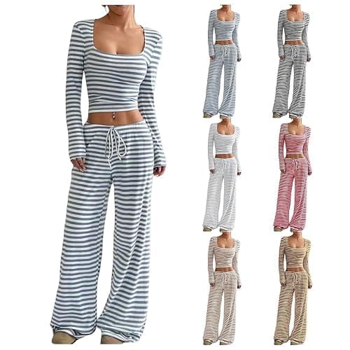 Nkgra Womens Striped 2 Piece Outfits Casual Square Neck Cropped Top Drawstring Wide Leg Pants Matching Pajamas Set thumbnail 3