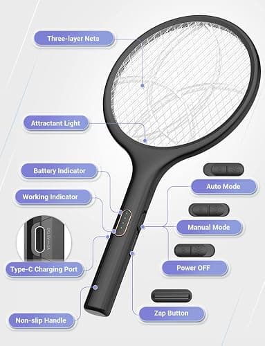 YISSVIC Electric Fly Swatter 4000V Bug Zapper Racket Dual Modes Mosquito Killer with Purple Mosquito Light Rechargeable for Indoor Home Office Backyard Patio Camping (Black-1 Pack) thumbnail 9