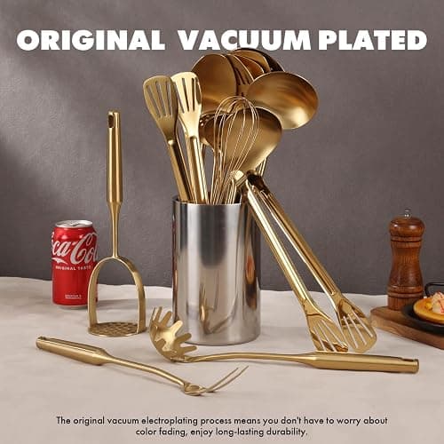 Gold Cooking Utensils Set - 18/10 Stainless Steel Small and Large Spoons Set, 16 PCS All Metal Kitchen Tools, Serving Utensils - Whisk, Masher, Fork, Tongs, Spatula, Turner, Ladle, Skimmer, Pasta thumbnail 2