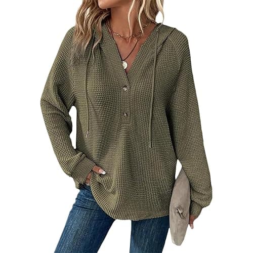 Hoodies for Women Comfortable Waffle Knit Long Sleeve Drawstring Button V Neck Casual Pullover Sweatshirt Hooded Tops - Image 1