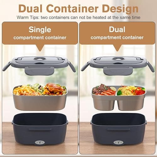 Vabaso Electric Heated Lunch Box with Dual 1.5L SS Containers for Car/Home | 80W Fast Heating, 2-in-1 Car & Home for Adults Men, Food-Grade SS, Leak-proof Seal, Includes Fork & Spoon, 12V/24V/110V/220V thumbnail 2