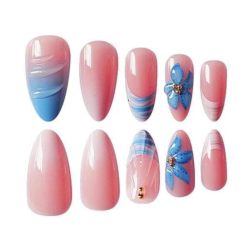 QQPPOLIU Blue Press on Nails Medium Almond Stick on Nails Pink with 3d French Tips Design for Women and Girls 24pcs thumbnail 2