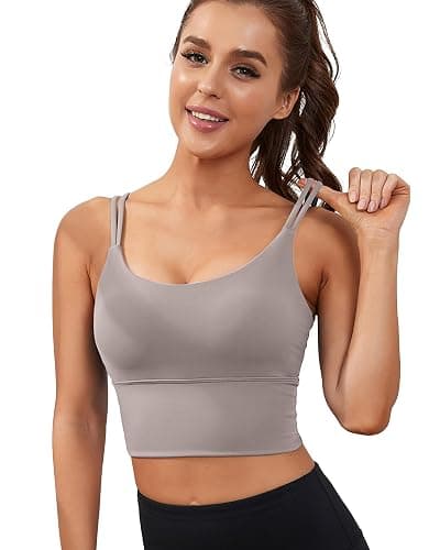Everrysea Sports Bras for Women High Support Longline Workout Tank Tops Built in Bra Strappy Yoga Padded Crop Top - Medium - Light Brown - Image 1
