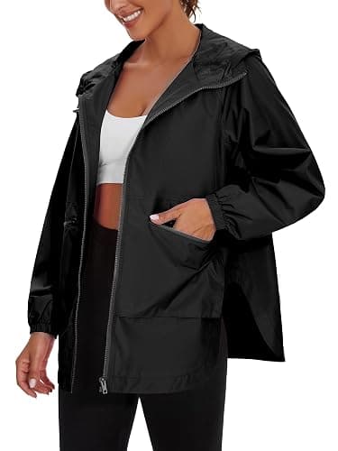 PESION Womens Waterproof Raincoat Lightweight Rain Jacket Trench Coat Hooded Windbreaker With Pockets for Outdoor - Image 1