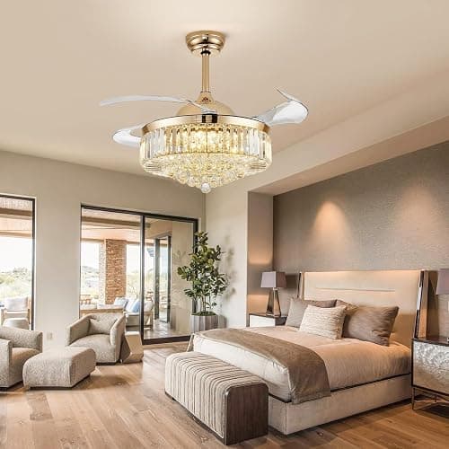 Deliyfans 42'' Fandelier Ceiling Fans with Light, Chandelier Ceiling Fan, Retractable Crystal Ceiling Fan for Bedroom, Living Room, 3 Color Change, LED Dimmable, 6 Speeds, Reversible DC Motor-Gold thumbnail 5