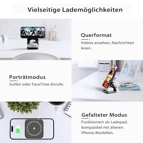 KU XIU X40 Induktive Ladestation 3 in 1 – Magnetisches Kabelloses Ladegerät, Faltbares Reiseladegerät für iPhone Serie 17–12/Air, 5W für iWatch Serie 11–4/Ultra/SE und Kabellose Kopfhörer – Schwarz thumbnail 3