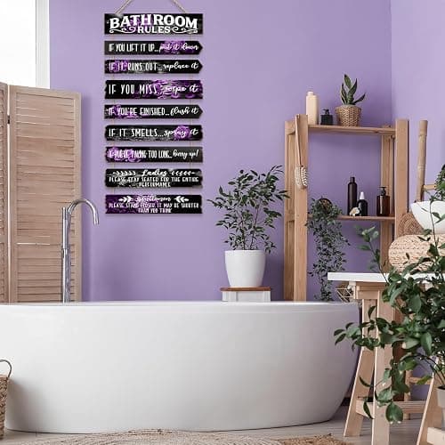 PEKCARGO Bathroom Wall Decor Funny Bathroom Signs Bathroom Rules Pictures Wall Art Decor Rustic Farmhouse Toilet Decor Wooden Sign (Purple Rose) thumbnail 5