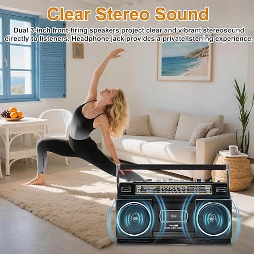 Cassette Player Boombox with Bluetooth, AM/FM/SW Radio & Record to USB, 24W Stereo Sound, 4 Power Modes, Portable Retro Stereo for Indoor Outdoor, Classic Black thumbnail 3