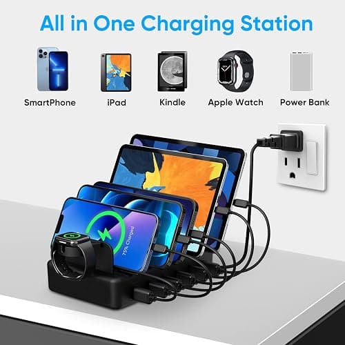 Charging Station for Multiple Devices, CREATIVE DESIGN 50W 6 Ports USB Charger Station with Apple Watch Holder & 6 Cables, Charging Dock for iPad Cellphone Kindle Tablet and Other Electronic (Black) thumbnail 6