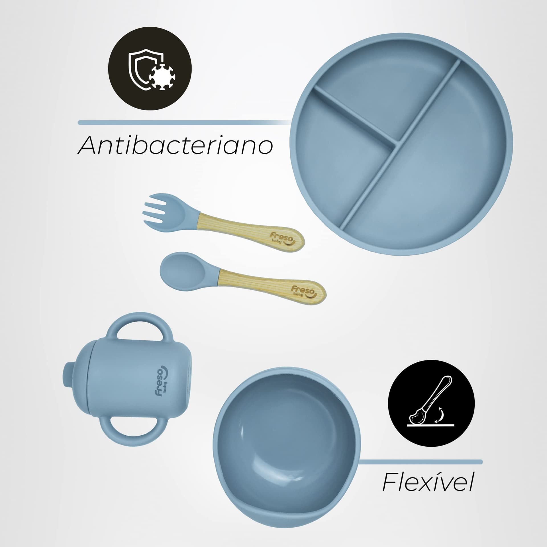 Freso Baby Kit Alimentação De Bebê Silicone Atóxico Livre Bpa Introdução Alimentar Blw Tigela Prato Ventosa Talher Infantil Fácil De Limpar Cor Cinza - Cinza thumbnail 4