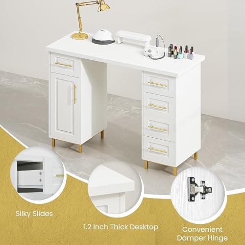 MaverickFurni Nail Tech Desk for Nail Tech, 43 Inch Wooden Manicure Table with Storage, Nail Table with 5 Drawers and Cabinet, Manicure Desk Nail Station (White) thumbnail 4