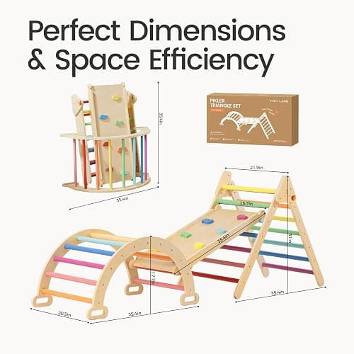 Tiny Land Pikler Triangle Set, 7-in-1 Foldable Pikler Triangle Climbing Toys Set for Kids,Baby Indoor Playground Jungle Gym, Wooden Montessori Climbing Set for Toddler (Rainbow) thumbnail 2