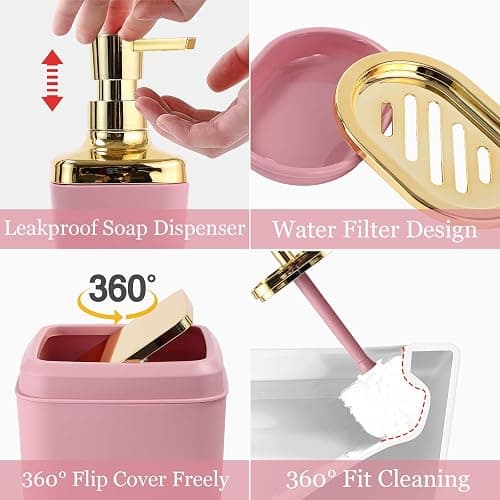 XLHOMO Bathroom Set - Pink and Gold Bathroom Accessories Set, Bathroom Sets with Shower Curtain and Rugs, Pink Shower Curtain Set with Bathroom Trash Can, Soap Dispenser, Soap Dish for Home Decor thumbnail 5