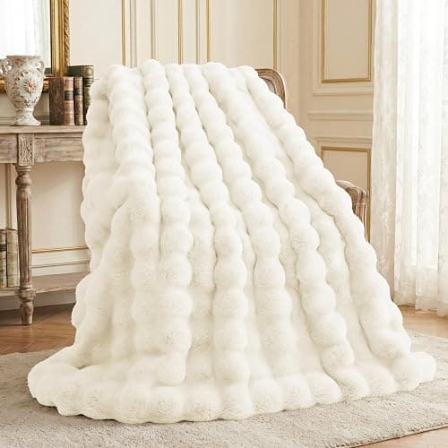 L'AGRATY Faux Fur Throw Blanket: 60" x 80" Luxury Soft Fluffy Thick Rabbit Fur Blankets for Twin Bed Couch - Cozy Plush Bubble Blankets for Winter: Warm Flannel Fleece Decorative Blanket(Cream White) - Image 1