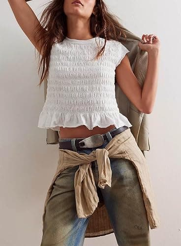 Womens Summer Top Cap Sleeve Smocked Shirts Ruffle Hem Going Out Tops Shirred Tank Crop Tee Y2K Outfits thumbnail 5