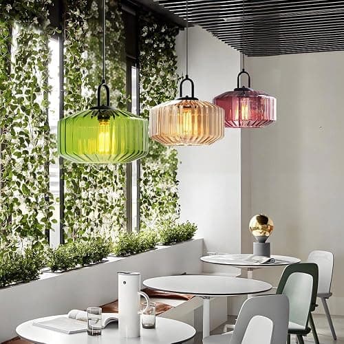 ZTTECH 11-Inch Vintage Industrial Ribbed Glass Pendant Light Adjustable Height E26 Hanging Light for Kitchen Island Dining Room Bedroom Living Room Bar (Purple) thumbnail 6