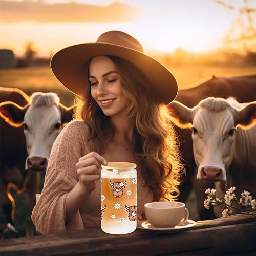 Nymora Highland Cow Glass Cup with Lid and Straw, 16oz Cute Tumbler for Iced Coffee, Cocktails, and Drinks, Highland Cow Gift for Women and Girls (B) thumbnail 6