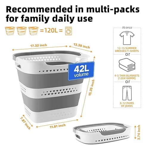 2 Pcs 42L Medium Collapsible Plastic Laundry Basket with Handles, Foldable Laundry Basket Hamper, Pop Up Storage Container Organizer for Washing Storage (Gery, 17 Inch * 13 Inch * 15 Inch) thumbnail 2