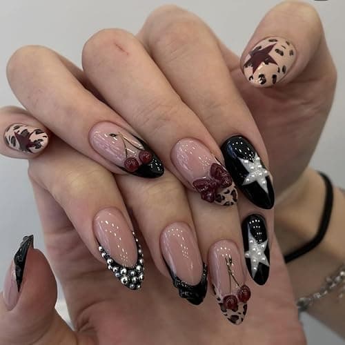 French Tips Press on Nails Medium Almond Fake Nails with 5D Bow Charm Design Glossy Leopard Prints Star Nails Press on Reusable Pearl Cherry False Nail Spring Summer Nail for Women Manicure 24Pcs - Image 1