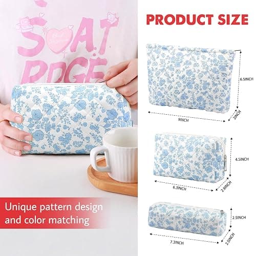 Gocvo 3 Pcs Makeup Bag Cosmetic Bag Set for Girls Women Checkered Travel Organizer Bathroom Toiletry Pouch Large Capacity Storage Bag(Blue Flower) thumbnail 4
