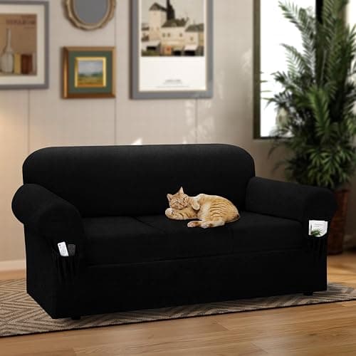 Pfrstuv Sofa Slipcover with Armrest Pockets 4-Piece Set, Stretch Faux Leather Couch Cover for 3-Cushion Couches(Fits 72-92") - Non-Slip, Machine Washable, Pet & Kid Friendly - Black thumbnail 2