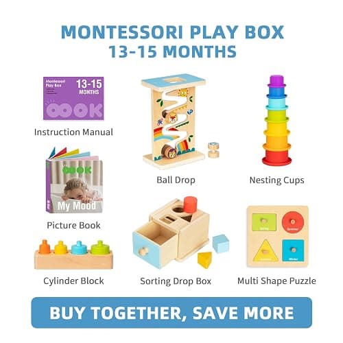 OOOK Montessori Toys for 1 Year Old, 6 in 1 Wooden Educational Toys for 1 Year Old with Cylinder Block, Ball Drop, Nesting Cups, Sorting Drop Box and More. Perfect Montessori Gift for 12-18 Months. - Montessori Play Kit for 13-15 Months thumbnail 2