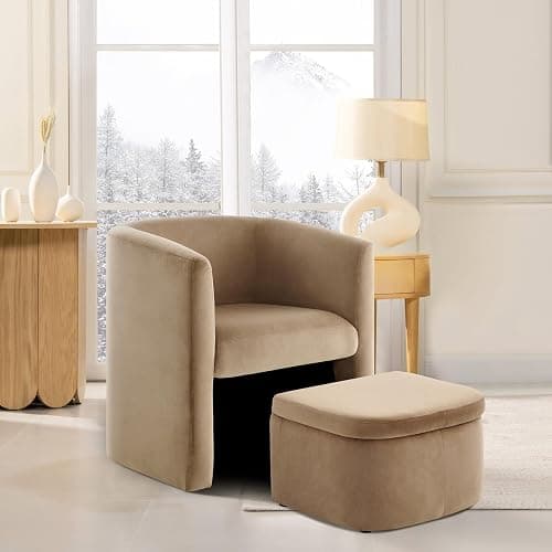COLAMY Upholstered Velvet Barrel Accent Chair with Storage Ottoman, Morden Living Room Chair with Lounge Seat for Bedroom/Reading Spaces, Khaki - Khaki - Set of 1 thumbnail 8