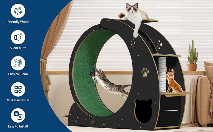 MilleLoom 4-in-1 Cat Running Wheel, Large Cat Treadmill,Large Quiet Exercise Wheel with Scratching Pad & Play Roller,Stable Wood Base for Indoor Cats thumbnail 8