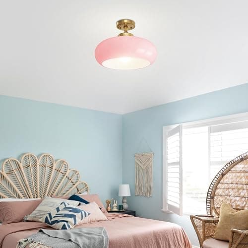 Qepeety Pink Glass Ceiling Light Fixture, Blush Retro Flush Mount for Girls Room Nursery, Bedroom, 15.74 Inch Vintage Ceiling Light with Gold Metal Base, E26 Socket (Bulb Not Included) thumbnail 3