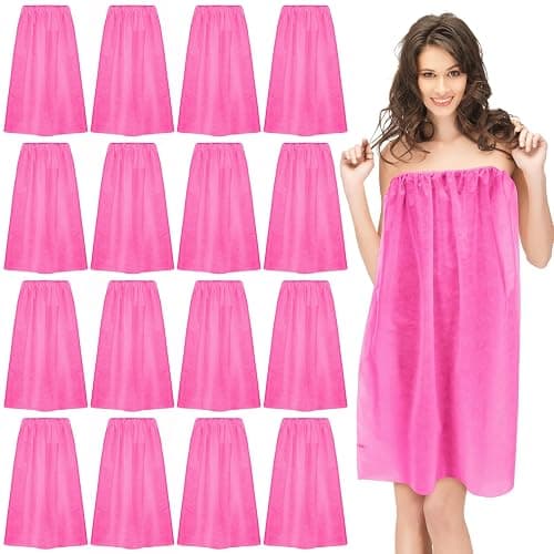 Janmercy 16 Pcs Disposable Spa Wraps for Women with Adjustable Closure Non Woven Towel Sweat Steaming Salon Bathrobe (Pink) - Image 1