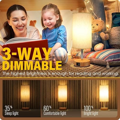 Yarra-Decor Bedside Lamp with USB A+C Port - Touch Control Table Lamp for Bedroom Wood 3 Way Dimmable Nightstand Lamp with Round Flaxen Fabric Shade for Home Office (LED Bulb Included) thumbnail 2