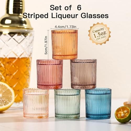 JOVGANK Mini Colored Shot Glasses Set of 6 – 1.5oz Small Vintage Ribbed Glassware, 80s Style Party Cups for Tequila, Whiskey, Cocktails – Mother's Day Gift and Father's Day Gift for Bar thumbnail 3