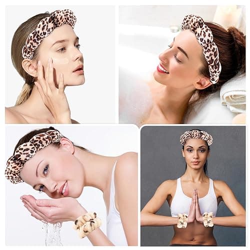Zkptops Spa Headband for Washing Face Wristband Set Sponge Makeup Skincare Velvet Fabric Bubble Soft Get Ready Hairband for Women Girl Puffy Padded Headwear Non Slip Thick Hair Accessory(Leopard 1) thumbnail 4