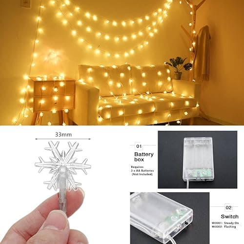CESOF Christmas Decorations Lights, 20 Ft 40 LED Snowflake String Lights Battery Operated Fairy Lights for Bedroom Room Party Home Office Xmas Decor Indoor Outdoor Tree Decorations Warm White thumbnail 4