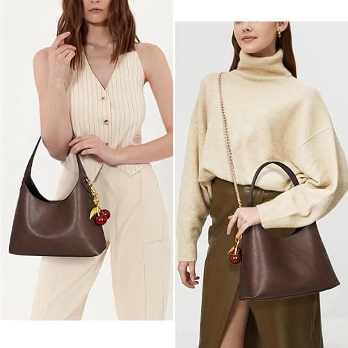 Small Hobo Bags for Women Cherry Shoulder Bag Purse Faux Leather Tote Handbag Trendy Chain Crossbody Bag - Coffee thumbnail 2