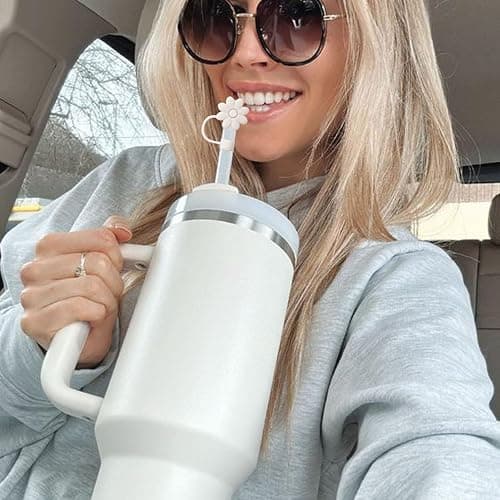 SEMATA Flower Straw Covers for Stanley Cups 30&40 Oz Tumbler with Handle Accessories - 4 PCS Silicone Straw Caps Protectors - Off White thumbnail 2