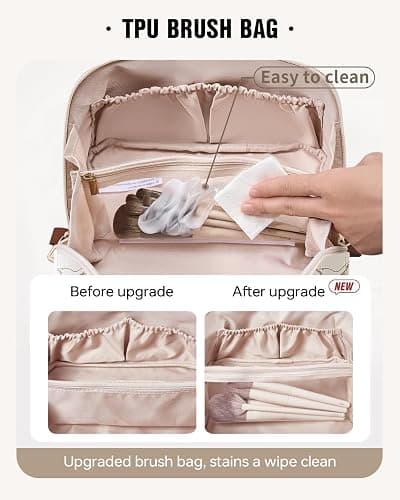 EACHY Travel Makeup Bag, Large Capacity Cosmetic Bags for Women, Waterproof Portable Pouch Open Flat Toiletry Bag Pattern Make up Bag (F-Beige) thumbnail 3