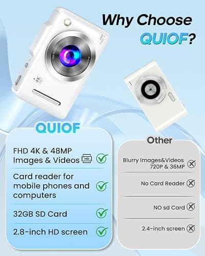 Digital Camera 4K Autofocus Vlogging Camera for Photography with 16X Zoom Anti Shake, 32GB Card, 48MP Compact Portable Point and Shoot Camera for Kids Boys Girls Teens Beginner（White） thumbnail 7
