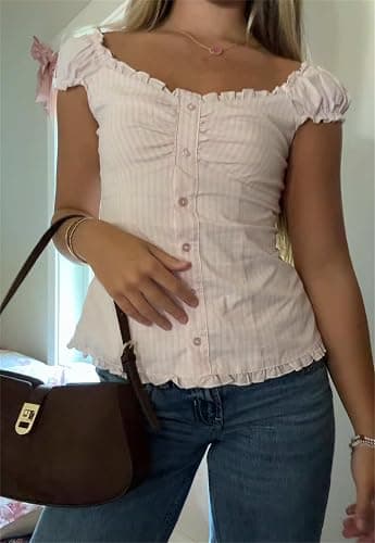 Women Fairy Grunge Crop Top Vintage Lace Short Sleeve Shirt Aesthetic Patchwork Square Neck T-Shirt 90s Harajuku Shirt thumbnail 6