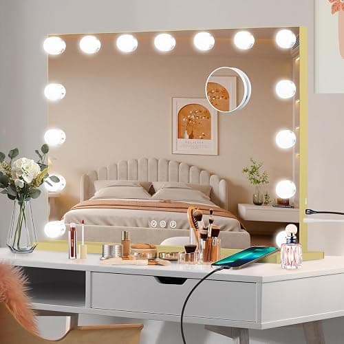 Moonee Vanity Mirror with Lights, Gold Hollywood Lighted Makeup Mirror with 15 Dimmable Bulbs and 10X Magnification, 3 Colors Modes, Aluminum Metal Frame, Light Up Mirror for Tabletop/Wall（23" x 18"） thumbnail 8