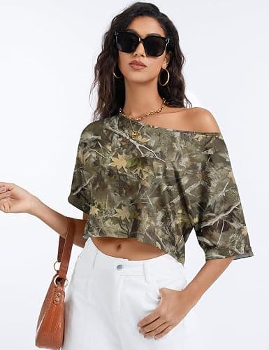 Kistore Off The Shoulder Tops for Women Going Out Short Sleeve Crop Top Boat Neck Loose T Shirt thumbnail 5