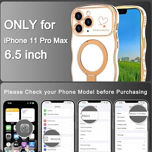 TKJSQ Case for iPhone 11 Pro Max with Magnetic Stand, Luxury Plating Curly Wavy Frame and Cute Heart Pattern, Lens Edge Raised Protection, Slim Shockproof Soft Case for iPhone 11 Pro Max-White thumbnail 7