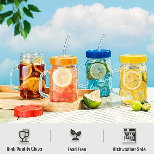 wookgreat Mason Jars with Handle, 12 Pack 16oz Jar Drinking glasses lid and straw, Cups, Regular Mouth mugs for Iced Coffee, Smoothie, Airtight Lids Food Storage, clear thumbnail 5