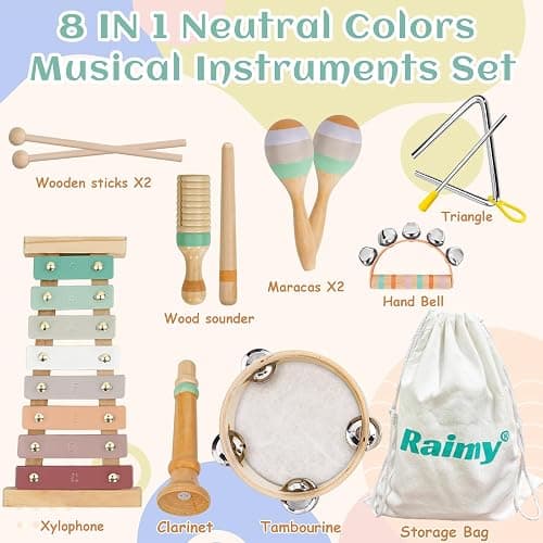 Raimy Musical Instruments Set - Neutral Colors Wooden Montessori Toys Percussion Music Modern Boho Xylophone Birthday Gifts for 1 2 3 Year Old Kids Baby Toddlers Boys Girls 3+ with Storage Bag thumbnail 3