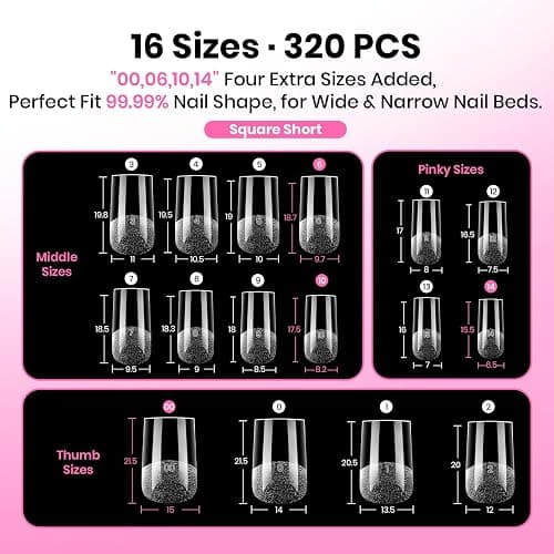 Beetles Gel Nail Tips Square Short, 320pcs 16 Sizes(00-14), Flat-X Pre-Etched Half Matte Full Cover Soft Gel Nail Tips, Natural Clear Press on False Nail Supplies, Easy DIY Nail Extension Salon Art thumbnail 4