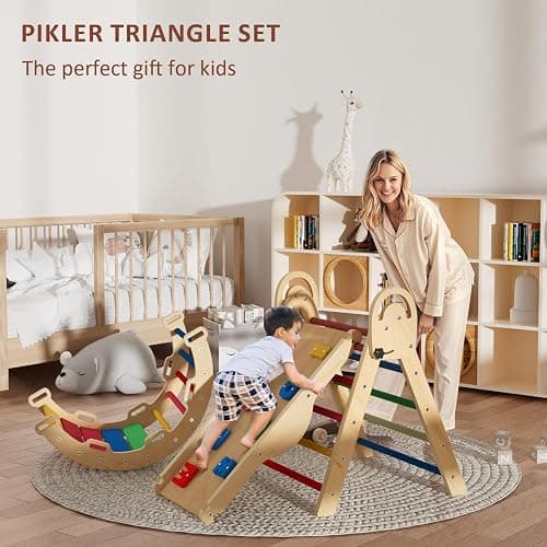 ElegantCrafts Pikler Triangle Set with Cushion, Montessori Climbing Set, Indoor Climb Toys, Indoor Playground Jungle Gyms, 9 Combinations Climbing Toy Set for Toddler, Baby, Kids 1-4 thumbnail 6
