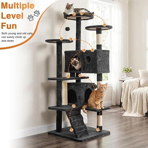 FDW | 54" Cat Tree Tower | Dark Gray | Multi-Level Indoor Activity Center | with Sisal Scratching Posts, Condos, Plush Perches, Hanging Cat Toys | Sturdy, Easy to Assemble | for Kittens & Adult Cats thumbnail 2
