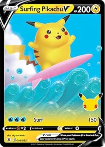 Pokémon Celebrations Surfing Pikachu V, 25th Anniversary Full Art Rare Holo + Surprise Card! - Image 1