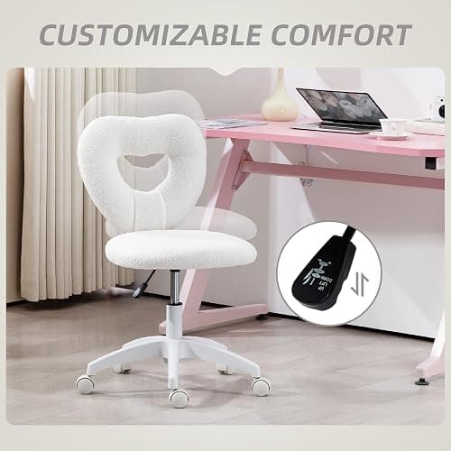 HOMCOM Armless Office Desk Chair, Height Adjustable Computer Task Chair, Modern Teddy Fleece Makeup Vanity Chair with Swivel Wheels, White thumbnail 7